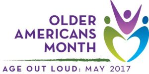 Logo for Older Americans Month 2017 with the theme 'Age Out Loud,' featuring stylized figures forming a heart in purple, green, and blue.