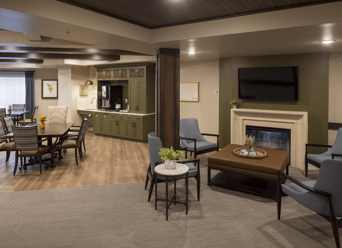 Lounge and dining area with coffee station