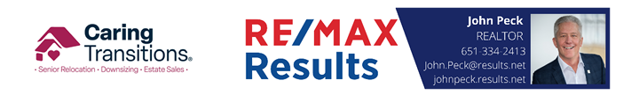 Logos for Caring Transitions, RE/MAX Results, and John Peck, a realtor specializing in senior relocation and downsizing.