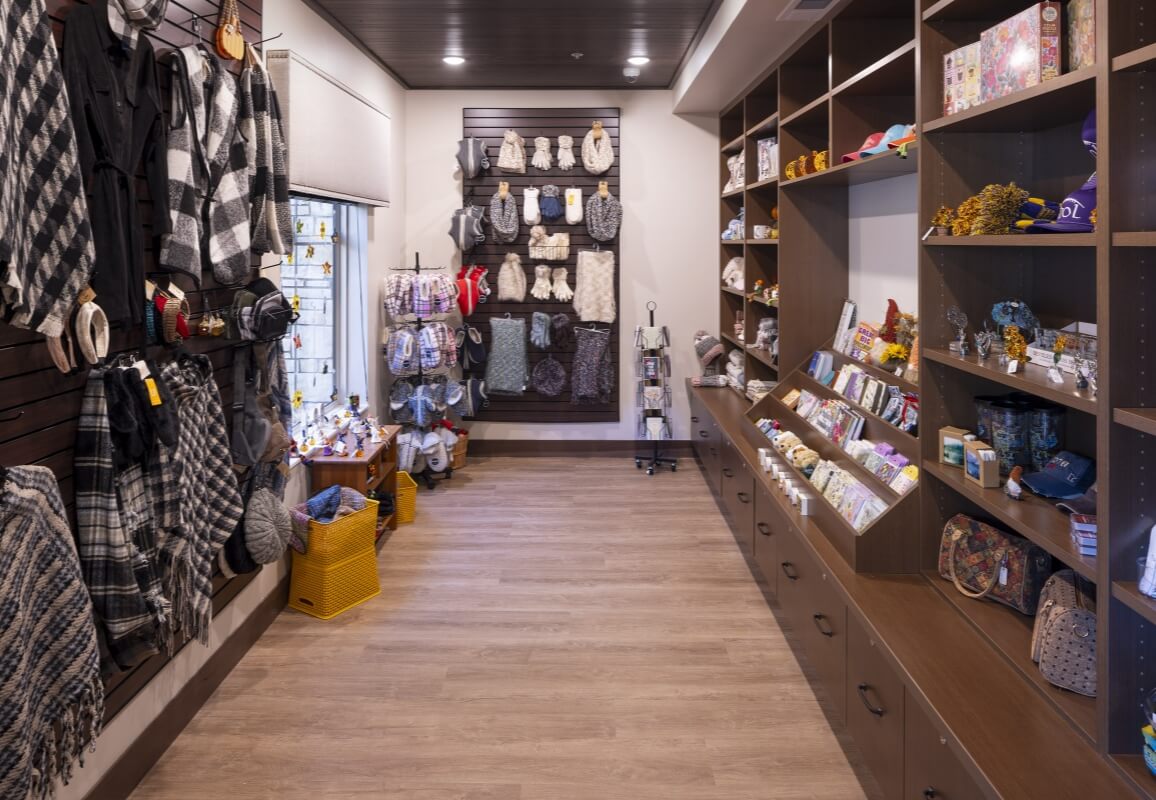 Sophia's gift shop with scarves, accessories, and assorted items