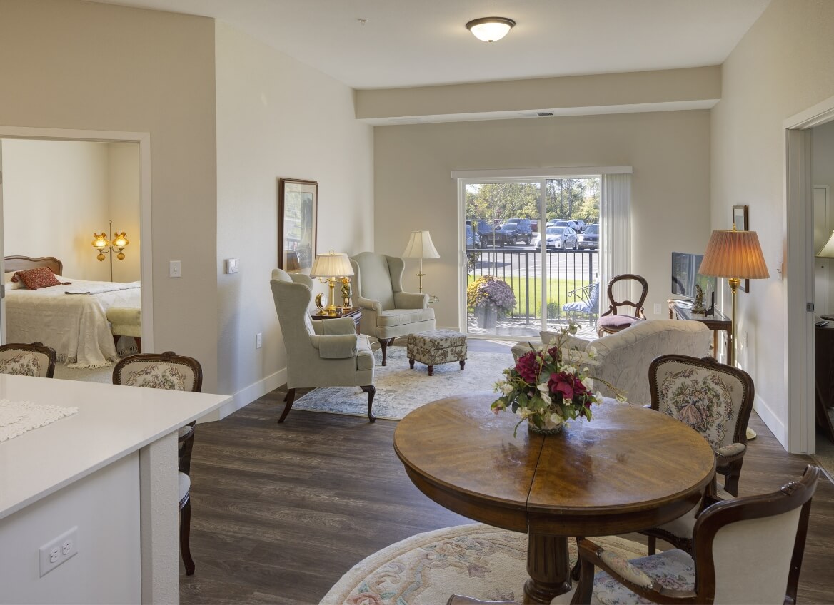Living room with patio doors and seating