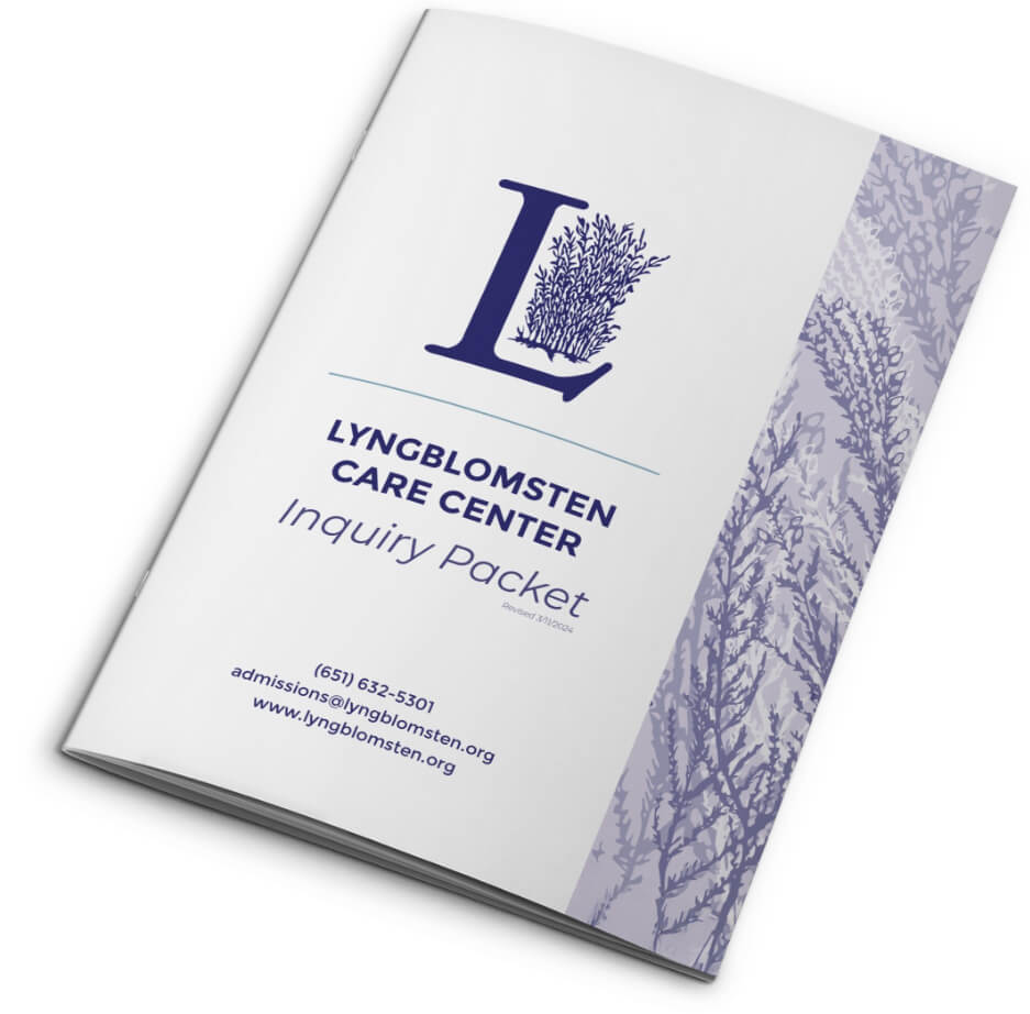 A Lyngblomsten Care Center Inquiry Packet with a blue and white design, featuring the organization's logo.