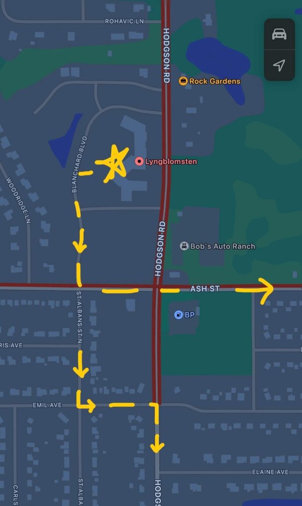 Map showing the construction detour route to Lyngblomsten at Lino Lakes, with yellow arrows marking the alternate path via Hodgson Road, Ash Street, and Blanchard Boulevard.