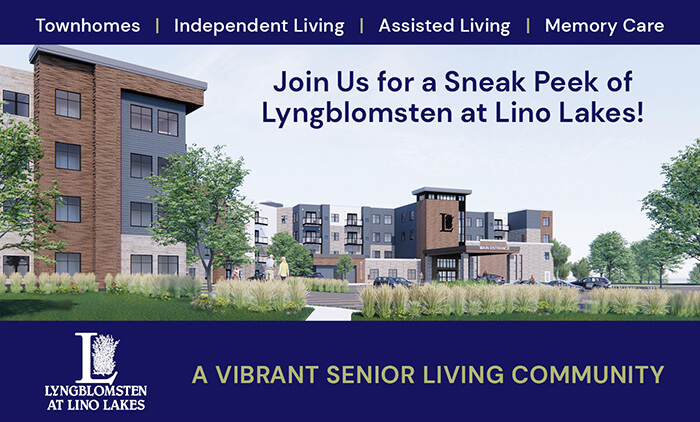 Promotional banner for Lyngblomsten at Lino Lakes, showcasing a vibrant senior living community with townhomes, independent living, assisted living, and memory care. Includes a digital rendering of the facility with greenery and a blue and white text overlay.