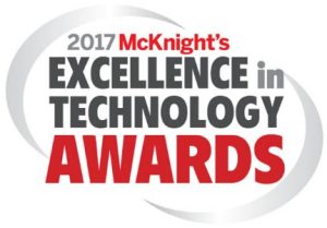 Logo for the 2017 McKnight's Excellence in Technology Awards, featuring bold red and gray text with a circular design.