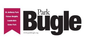 Logo for Park Bugle, a publication serving St. Anthony Park, Falcon Heights, Lauderdale, and Como Park, with a red banner listing these communities.