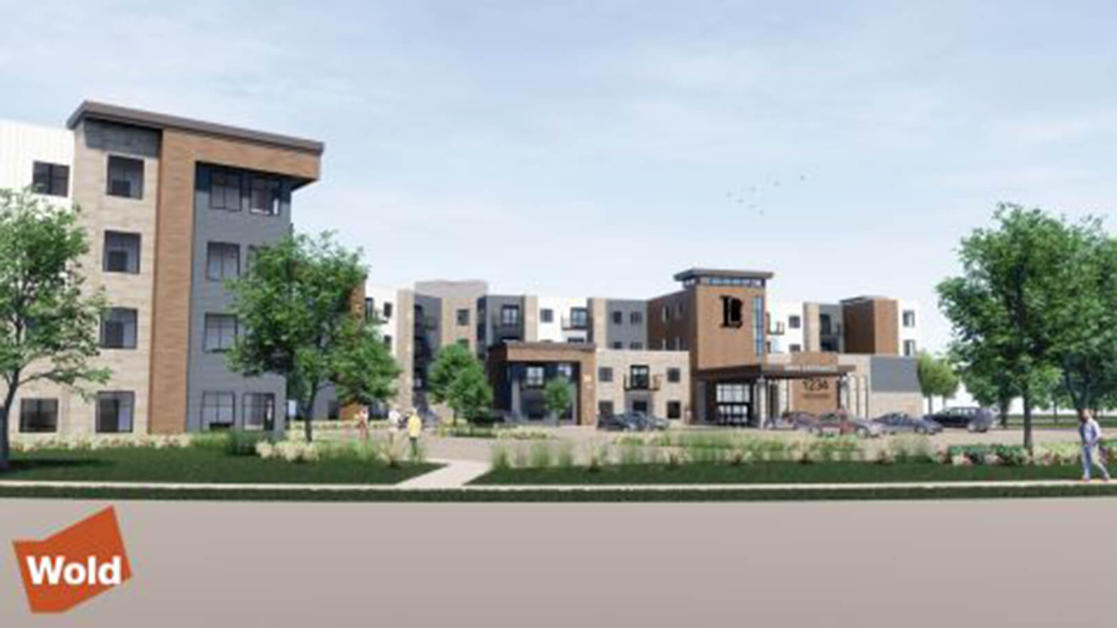 A digital rendering of a modern senior living community with multiple buildings, landscaped greenery, and walking paths, designed by Wold Architects.
