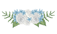 Elegant floral decoration featuring white roses and blue flowers with green leaves, designed for the Lyngblomsten Spring Gala.