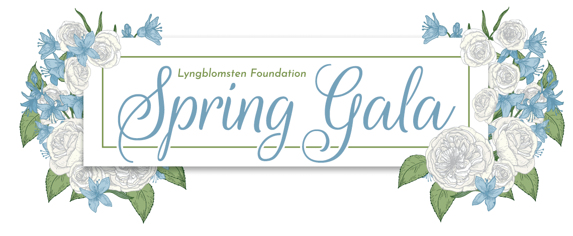Elegant floral logo for the Lyngblomsten Foundation Spring Gala, featuring white and blue flowers surrounding a decorative banner.