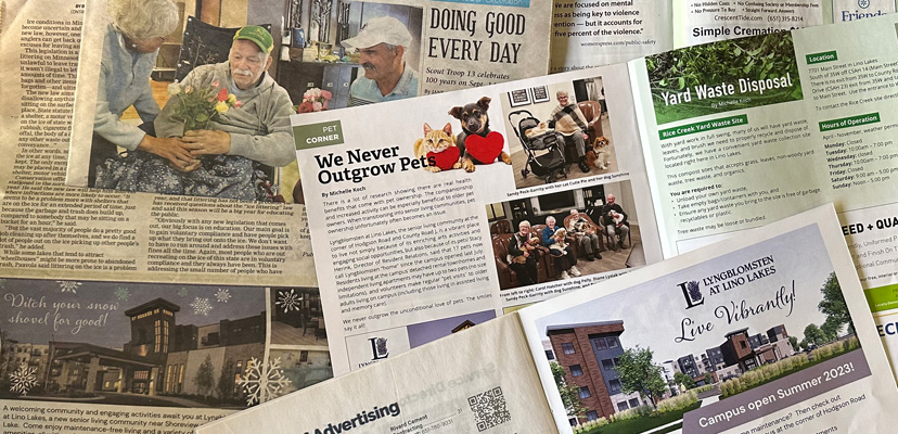 Assortment of newspapers and magazines featuring Lyngblomsten in ads or articles.