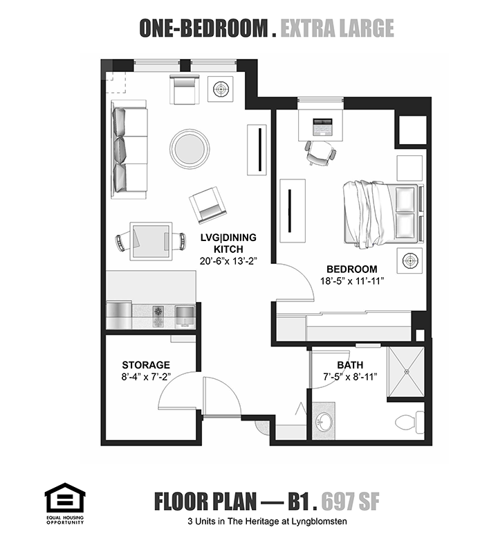 The Heritage 1-Bedroom (XL) Floor Plan