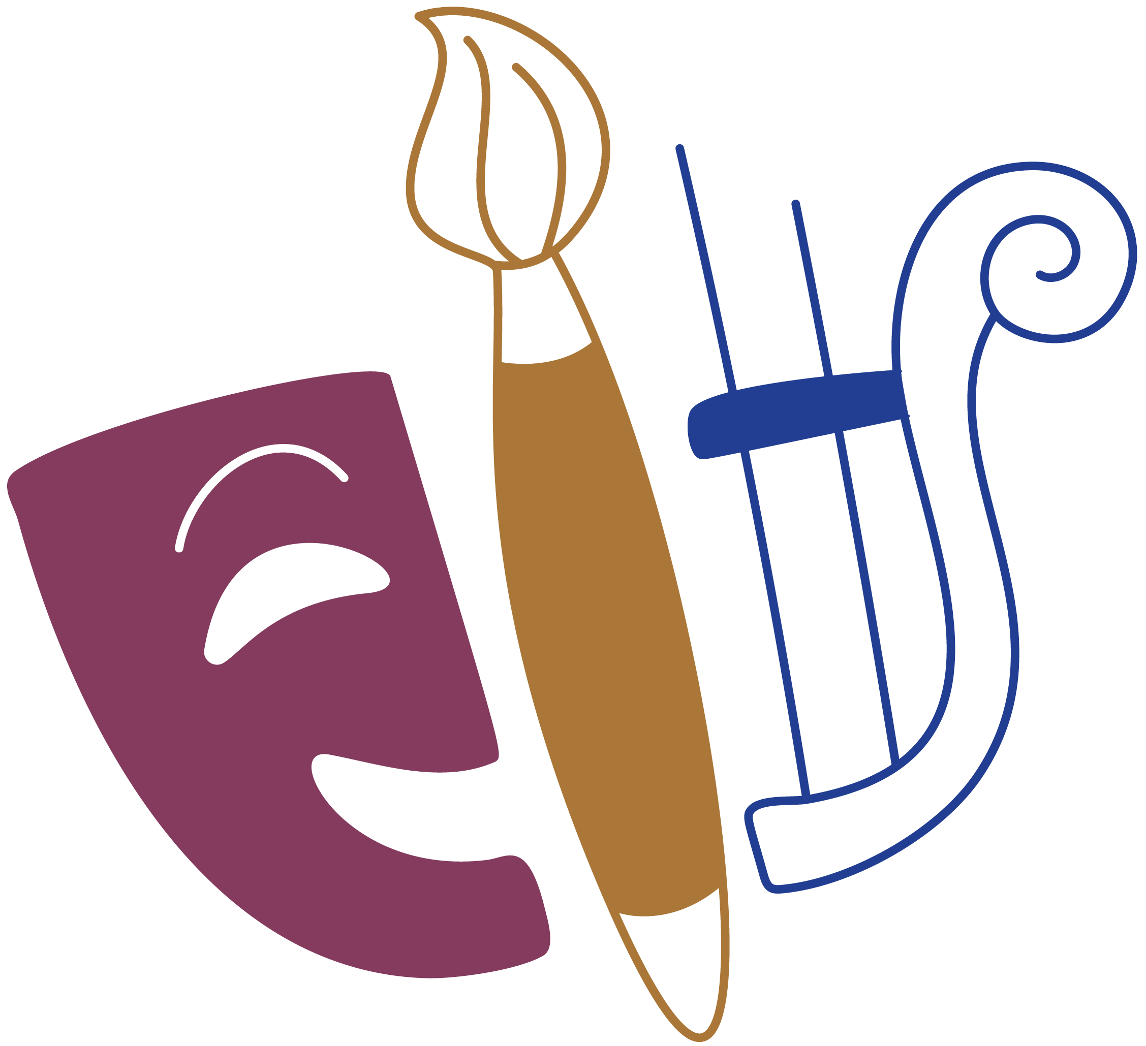 Lifelong Learning and the Arts Graphic containing a theater mask, a paint brush, and a lyre.